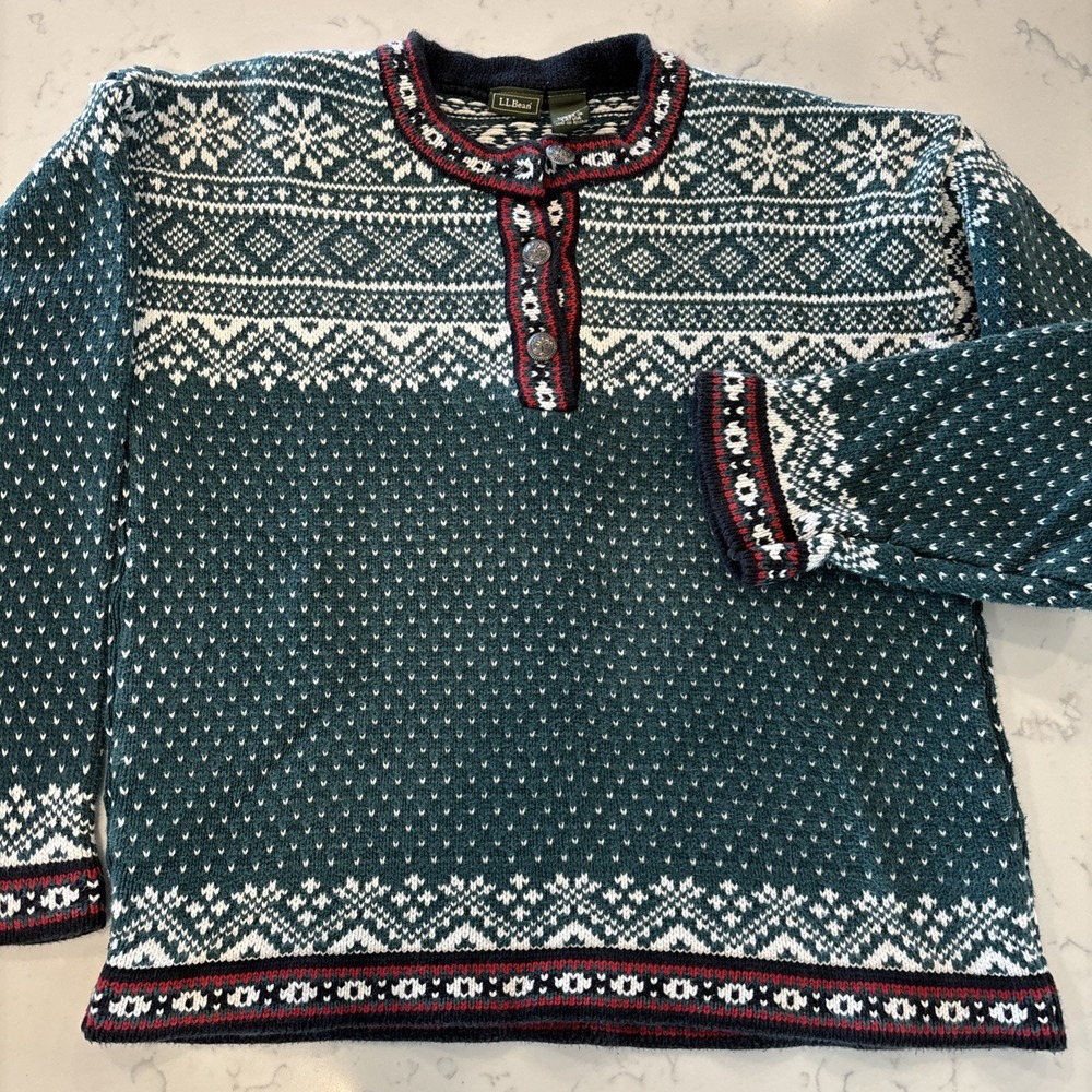 VTG LL Bean Fair isle Green Cotton Sweater Holiday Christmas Metal Button Sz MED